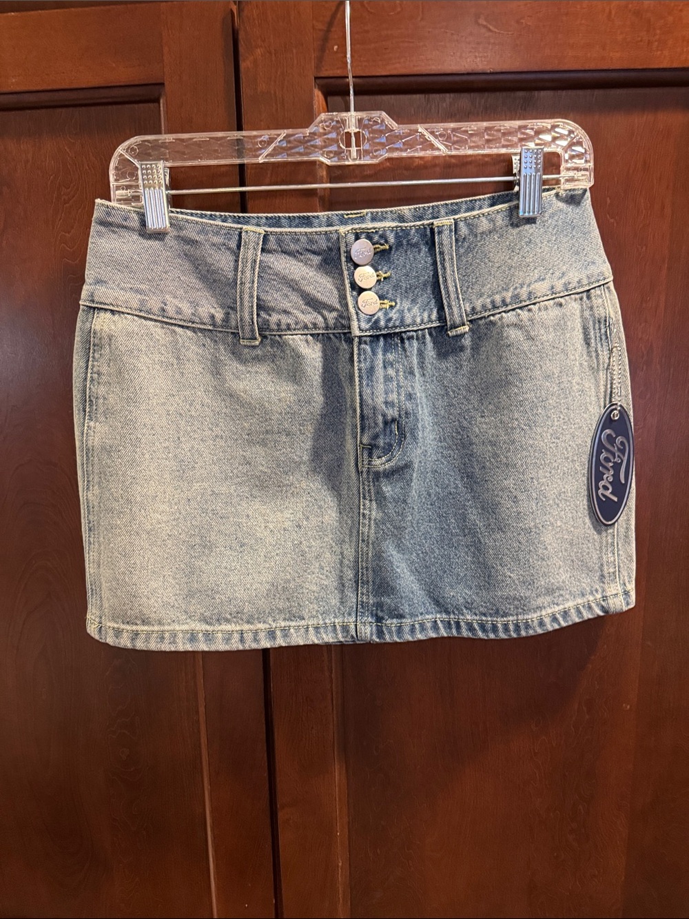 Ford Light Wash Denim Mini Skirt with Triple Button Front